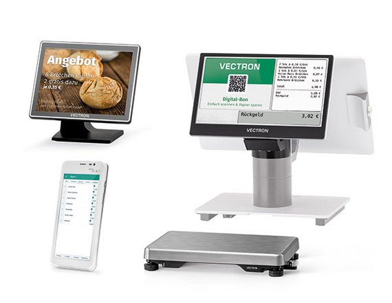 Bäckerei-Zubehör: Kundendisplay, Wägeplattform und Payment-Terminal von Vectron